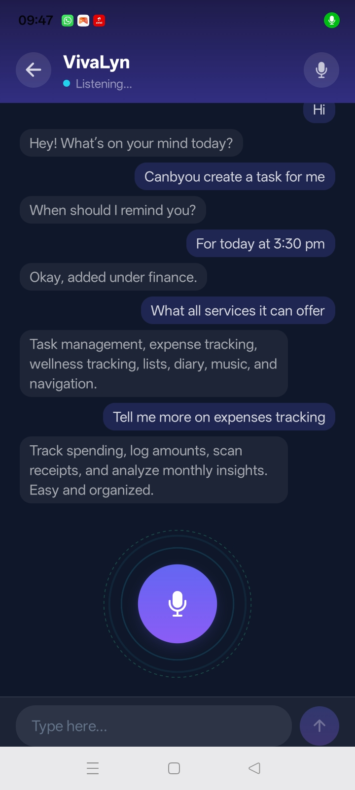 VivaLyn voice conversation screen — natural language AI chat in Hindi and English