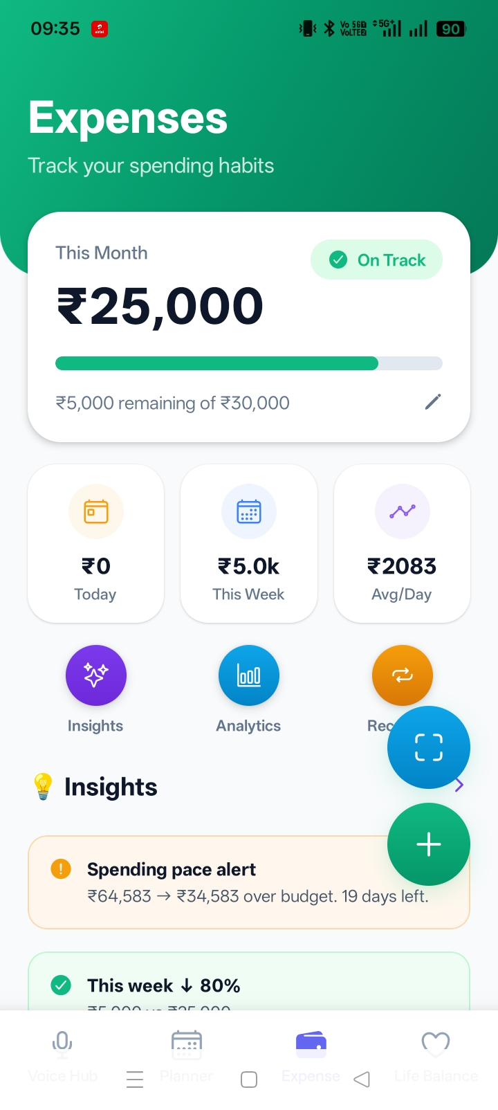 VivaLyn expense tracking — voice-logged expenses with category breakdown and spending insights